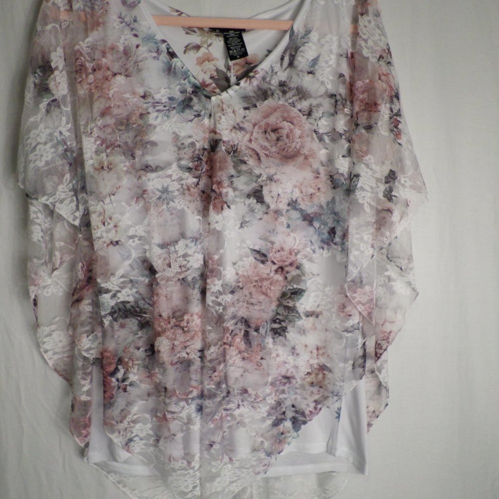 Brittany Black Floral Print Lace Top Blouse Medium W/Tank Top - Picture 2 of 12